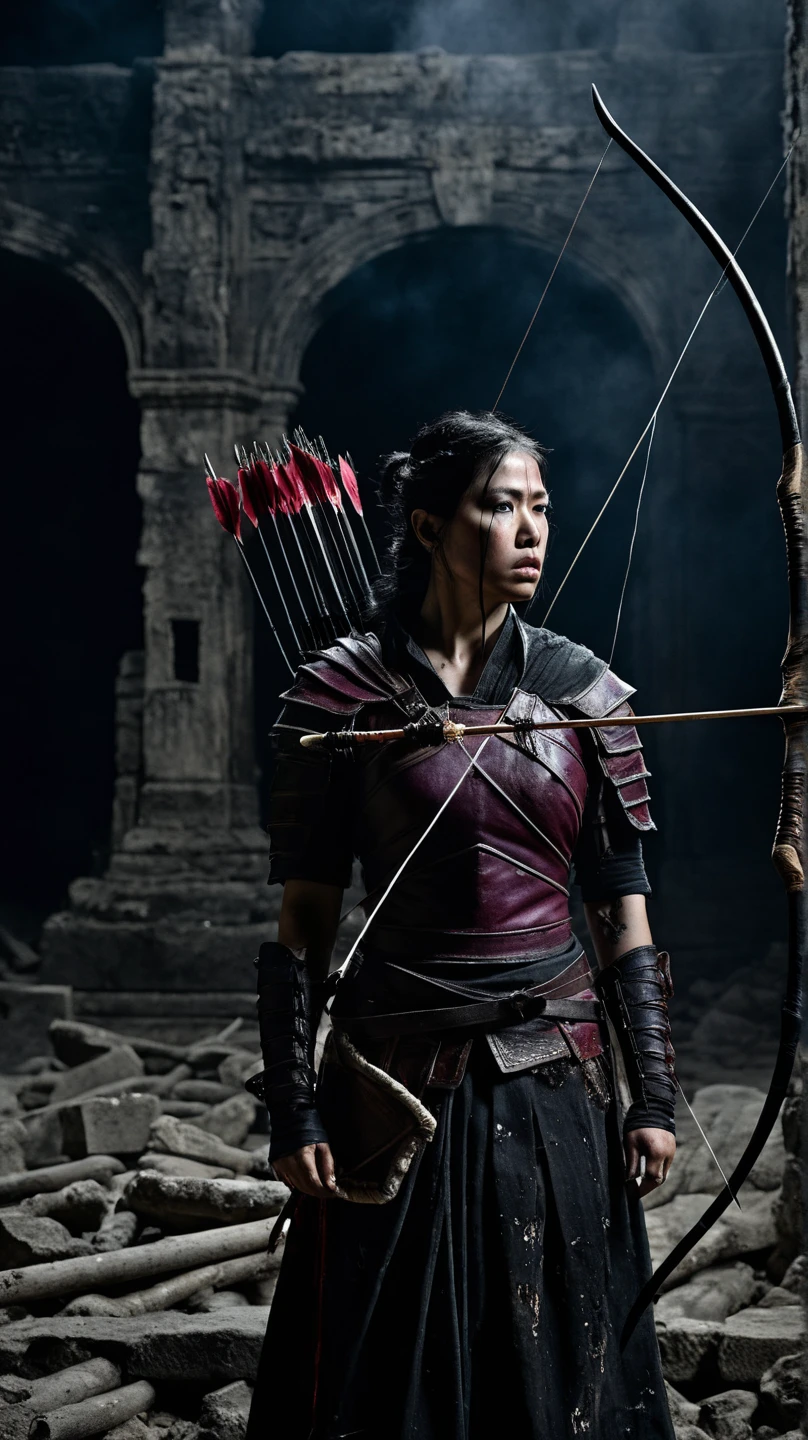 (A female archer at a shooting range aiming a bow and arrow at a target in the distance:1.5), 1girl, Alone, dark hair, , short hair, brown eyes, asian,  archer pose, perfect body, (anatomically correct:1.1), ((front view:1.4)), (Masterpiece:1.3), (The best quality:1.3, (high detail:1.3), (super detailed:1.3)