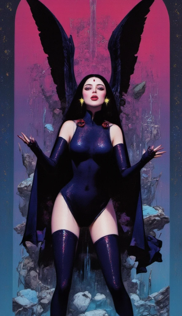 (masterpiece, top quality, best quality, official art, beautiful and aesthetic:1.2), (1girl:1.3), dark blue hair in braid, extremely detailed, portrait, looking at viewer, solo, (full body:0.6), detailed background, close up, (cool science fiction space theme:1.1), ((((blue skin)))), extremely busty sorceress, charlatan, mysterious, casting spells in space, four arms, revealing see-through white and gold robes, fingerless gloves, long gloves, glowing magical energy, white blindfold, elaborate headdress, golden ceremonial winged crown, sheer white fabric, elegant robes, skirts, streamers, cowl, cape, sandals, bracers, ((((four arms, gigantic breasts, cleavage, skindentation)))), slim waist, slim hips, long sexy legs, athletic, SPACE, futuristic moon, (space exterior:1.1) background, dark mysterious lighting, shadows, magical atmosphere, dutch angle