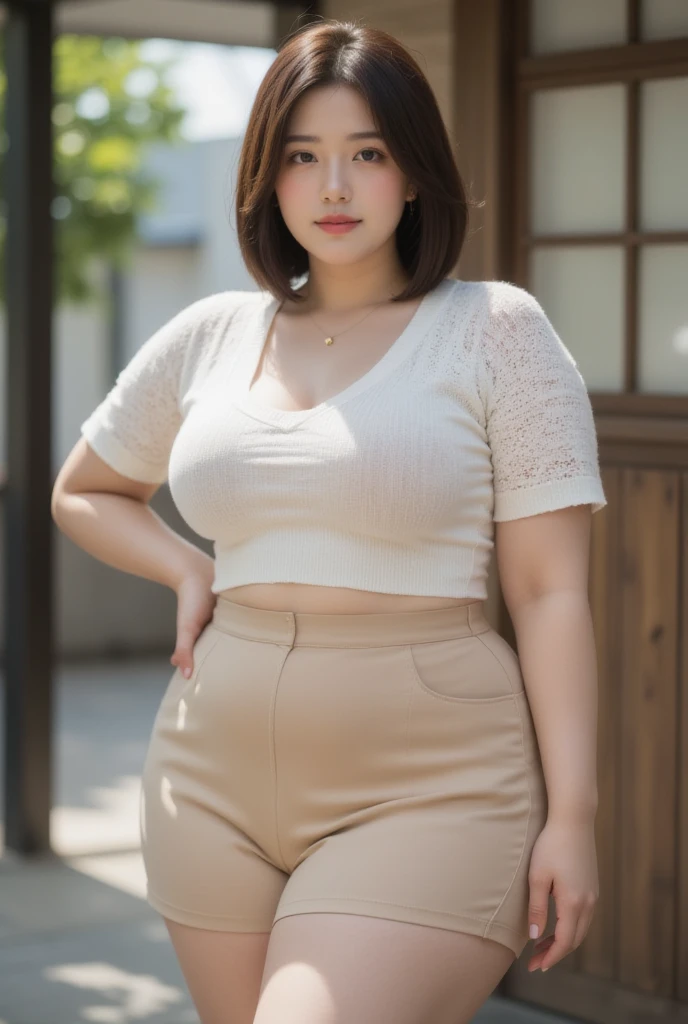 ((((chubby,overweight,corpulent)))),((Double chin)),((Plump face)),(From the knee up),Japanese women,Beautiful woman,gravure,sexy,Beautiful Skin,((Beautiful Eyes)),Detailed face,(Glamour),short hair,Brunette colored hair,20th Generation,Glamour system,Bust size: 87cm,Neat stenosis,(Adult),smiling sexy,((shopping、boutique))、((Beige tight knit sweater、Short sleeve、V-neck、No sleeve)),((White pants trousers))、necklace、Earrings
