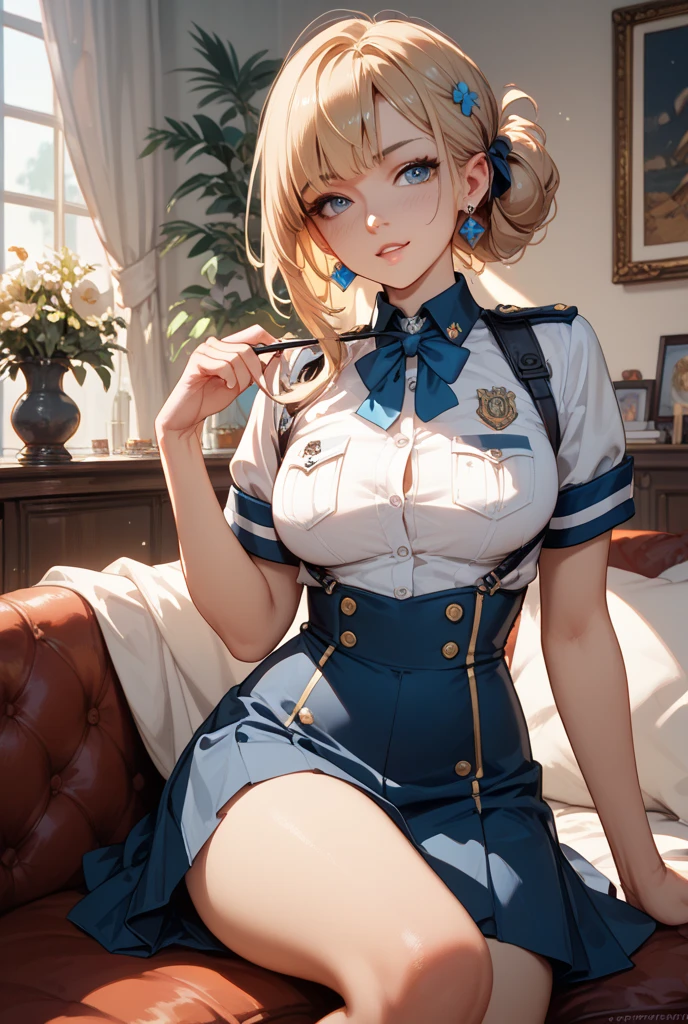 sexy,alone,girl,(wavy hair,blonde hair),(Thigh meat),
(school uniform:1.2),baggy socks,
Lie,
on the bed, , photorealistic, 8k、Realistic Skin Texture、Superrealism、Automatic rifle、Dodgers cap masterpiece, best quality, highres
solo, 1girl, cowboy shot, :o
p38 \(girls' frontline\), p38original, brown hair, purple eyes, (garrison cap:1.2), military uniform, short sleeves, pleated skirt, belt pouch, iron cross medal, thighhighs, holding gun, handgun, walther art by (Carl Larsson:1.2),(post-Impressionist),,((oil painting)),soft lighting,COOL,cammy sf6, 1girl,solo,blonde hair, short hair,Absurd resolution, A high resolution, (tmasterpiece:1.4), ((gigantic braests)), ultra - detailed, 1girll, brown color eyes, cabelos preto e longos,Wear a police uniform and a short skirt, the city street,sexyposture, The camera is close to the body