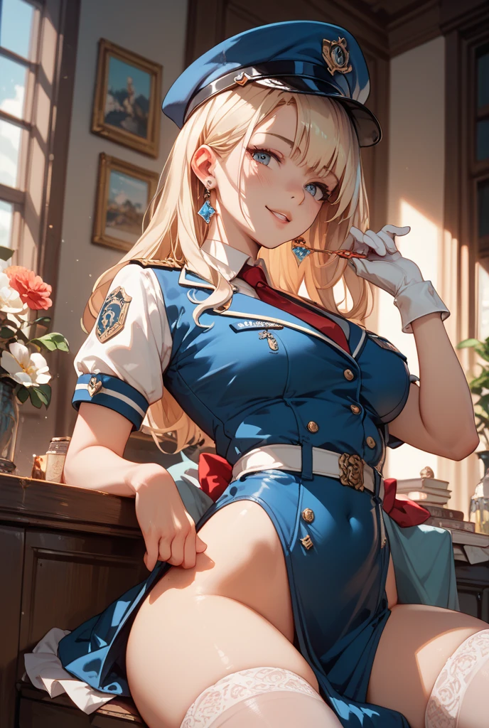 masterpiece:1.2、top-quality、realisitic、(Actual image、Beautiful blonde woman with intricate detail depth of field、She has striking blue eyes、ighly detailed、face perfect、(Colossal tits:1.3)、(Skin Dentation)、thick thight、wide hips、tiny waist、tall、(gargantuan butt:1.1)、red blush、A sexy、selfie, smile, juicy lips, cow pattern bra, cowboy hat