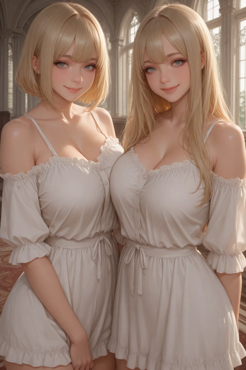 (masterpiece, best quality), two womans, blonde hair, red dress,, cute face, blush,