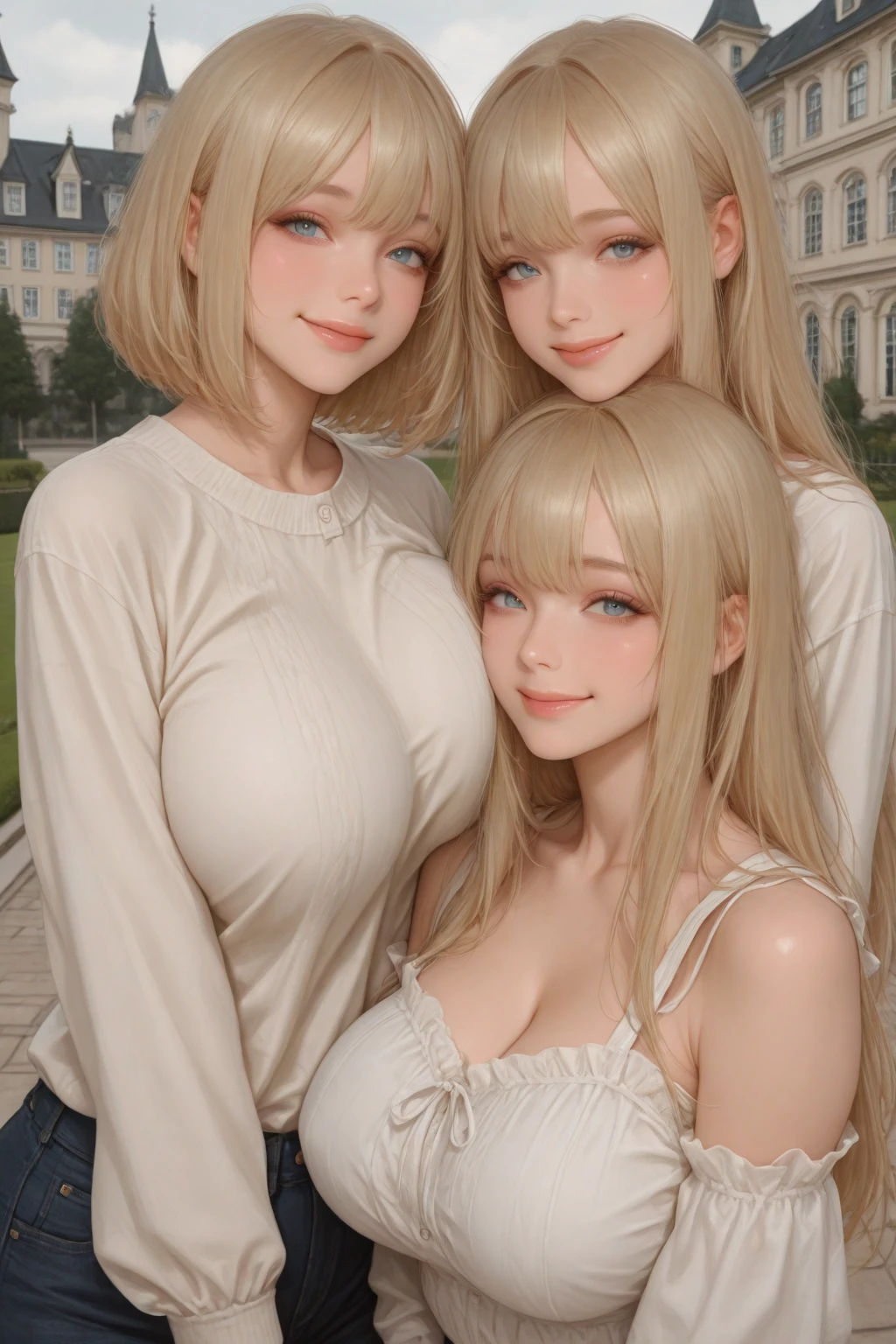 (3 girls), young faceอินโดนีเซีย, 12 years,smile, white skin, Round breast, blue eyes,((Wear a red off-the-shoulder sweater that shows off your cleavage...))Masterpiece, Highest quality, 8ก, beautiful girl, young face、 photography, Cute face, thigh,In the meadow, Embarrassing、รอยsmile、((((((อายุ 12 years))))))、small waist、 ((big breasts))
