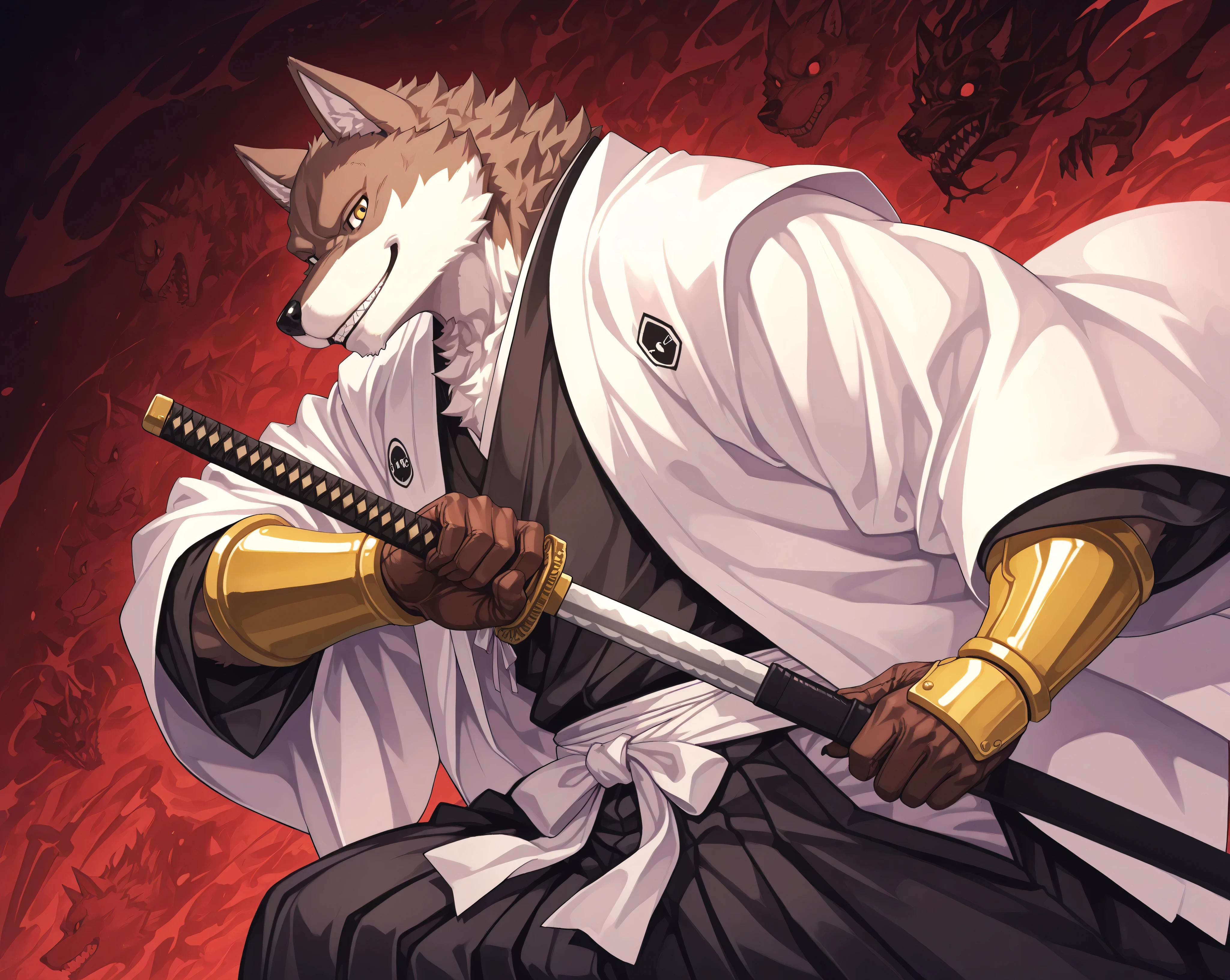 core_9, score_8_up, score_7_up, score_6_up, score_5_up, masterpiece,  furry, 
solo, male, wolf, Sajin Komamura,, 5 fingers, shinigami, shinigamim captain, black Kimono, hakama, white haori, golden bracers, elegant gloves, japanese Karakura city, ,Hollow monster evrywhere, side view, side angle, action pose, holding katana, facing Hollows, confident smile, calm, sharp, majestic, looking at viewer.
    