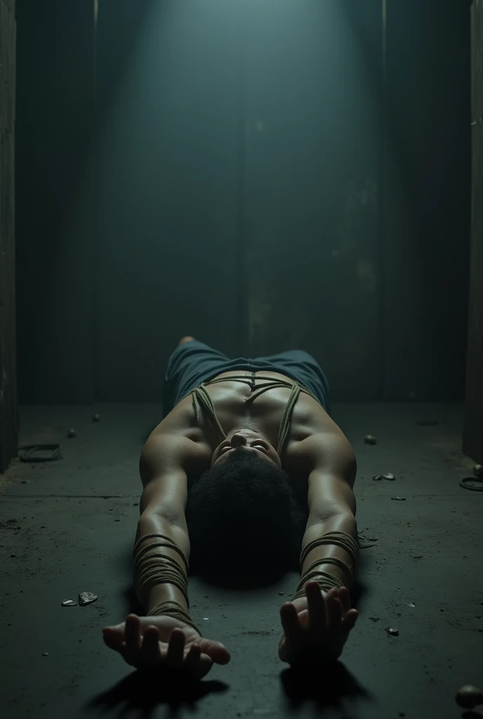 Here is a realistic description:
One is lying on a stone table, your facial expression reveals fear and discomfort. His arms and legs are tied tightly with thick ropes, that cling to the corners of the table. His body is motionless, with visibly accelerated breathing, and his hands are clenched into fists. The cold surface of the stone table contrasts with the warmth of your skin, and small tremors run through your body. ao redor, the environment seems gloomy, lit only by a dim light that casts long, unsettling shadows on the walls.
