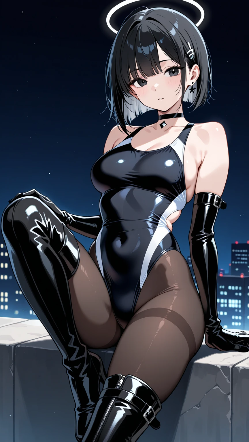 ,Highest quality,Silver Hair,Lion tail,Lion ears,Purple Eyes,Very short hair,Straight Hair,Flat breasts,Slanted Eyes,Bodysuits,Bedroom,On the bed,slender,