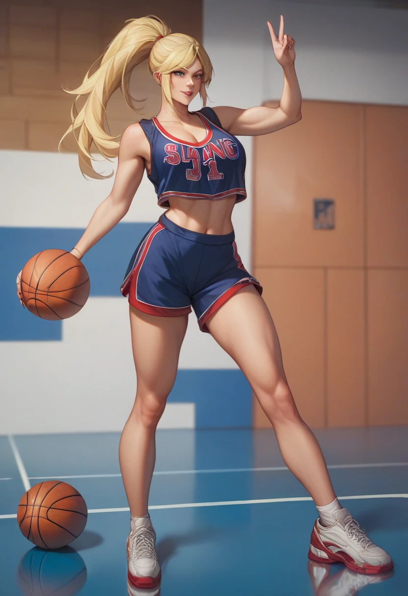 (hight resolution, Best Quality, Masterpiece:1.4), (Milf, Mature woman:1.3), sparkly skin, thick-thighs;, wide hips, Teeth on the skin Big breasts, (Woman in basketball clothes:1.3), Basketball jersey, basketball shorts, Short shorts, Sweating Lots,, Sweating Lots,, (On the basketball court:1.2), (Her panties are visible under her shorts:1.2),  taut clothes, pubic hair, The expression of an angry face, Mrs, Dominant woman, Alpha Woman, From Bottom, Blushing, Beautiful background,