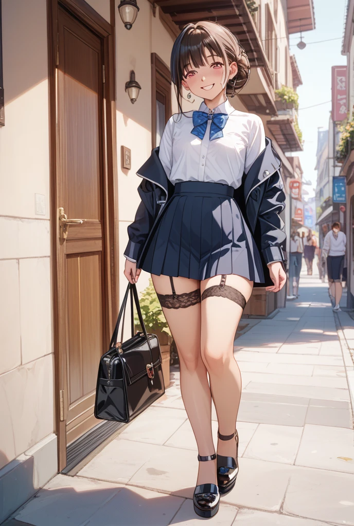 (((masterpiece, Highest quality, High resolution, 超High resolution, Pixel perfect, Written boundary depth, 4K, RTTX10.0))), Beautiful Anime Woman, Beautiful art style, Anime characters, ((Smooth texture, Realistic texture, Anime CG style)), Exact finger count、Exact number of legs、(Exact number of arms:1.0, Exact number of hands:1.0), (Perfect hands, Perfect Anatomy), Cinematic, Realistic, Highly detailed CG, Daytime lighting, Perfect lighting, Best Shadow, The best natural light, whole body, Perfect body, (Slender body:1.2), ((Long Hair, bangs, Dark brown hair, Bobcut)), (Detailed face, Beautiful Face, Beautiful eyelashes), (An adult woman is walking next to me., Lift up your skirt with your hands.:1.4), (Fashionable white shirt, Sailor collar, Navy knee socks, loafers, Navy pleated mini skirt:1.3)、Angle from the front, ((Stylish shiny satin panties, Side tie white panties, White lace trim:1.3)), (beautiful and big breasts:1.2), (Beautiful and thin thighs:1.3), Feeling embarrassed, (blush:1.2), (Very embarrassed look:1.4), Very patient expression, (Urban hustle and bustle, Buildings on the background, Sidewalk, Intersection in the background, In the background, a large number of people dressed in clothes々々:1.4), Her breasts are visible