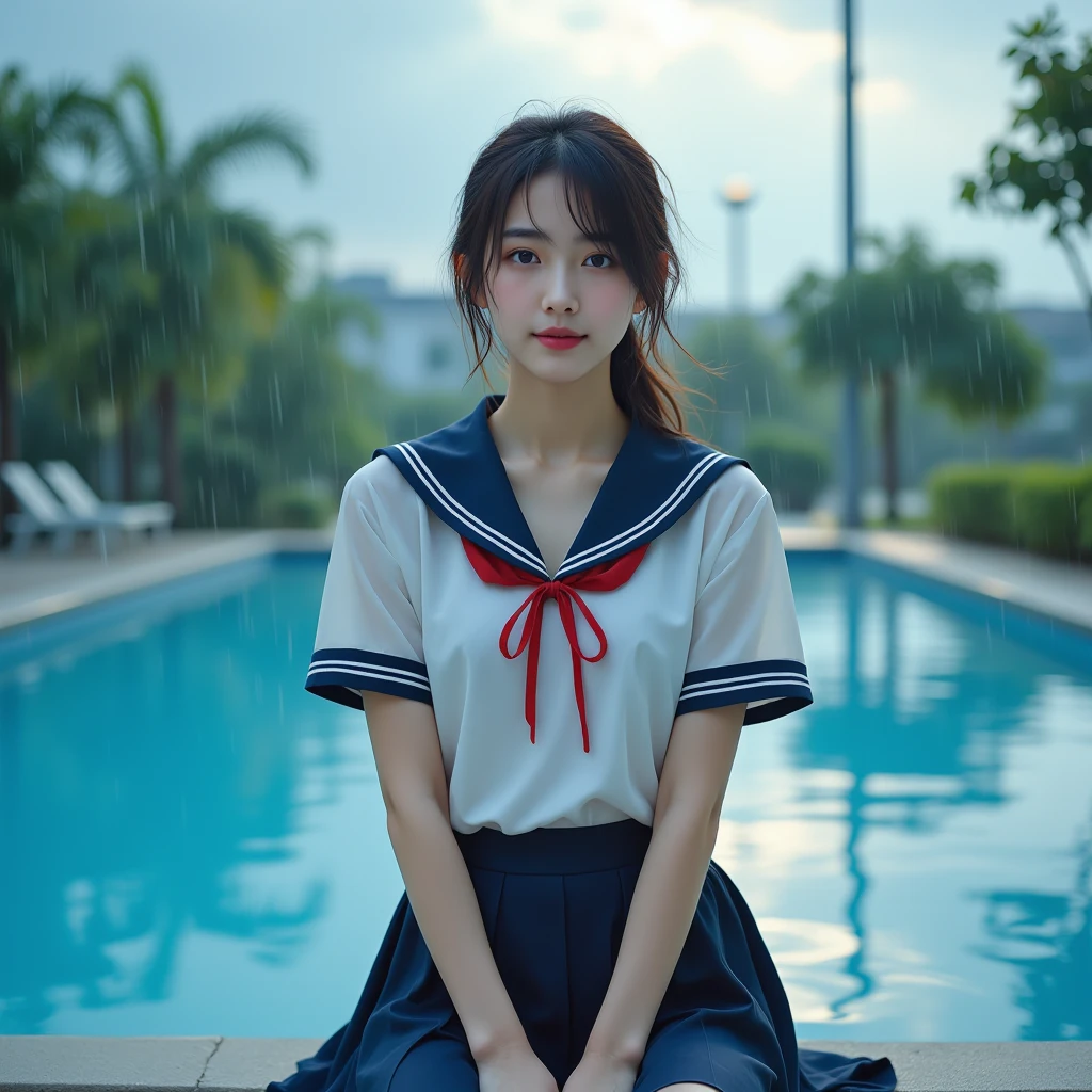 Standing by the empty school pool、middle School girls、Black short hair、Uniforms of the USSR、Shaved pussy、barefoot、cute、smile、Full body portrait