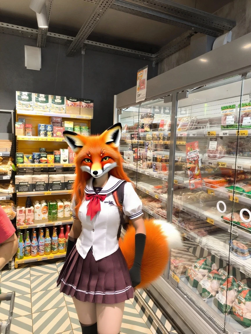 Al estilo vintage de los 90. Anime art of an anthropomorphic fox inside a convenience store. Arte detallado. Anime vintage de Fine Line Art 90