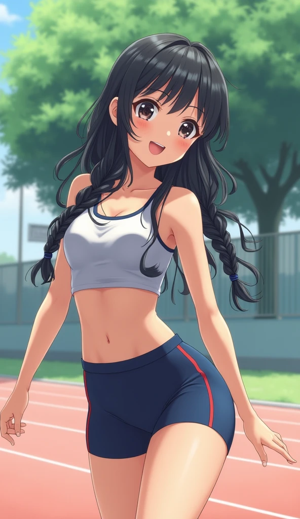 saten_ruiko, 1girl,18yo,black long hair,hair ornament, flower ornament,perfect hands, perfect finger,perfect anatomy,masterpiece, best quality,realistic, hyperrealistic, 16k hdr,earrings,(nike pink sports bra top:1.4),(sexy yoga short pants:1.3),, outdoors,blue sky,strong wind,from below,(happy smile),(running:1.6),dynamic pose,navel,(see through nipples,erected nipples:1.2),cleavage,(sweat:1.3),(leaning forward:1.2)