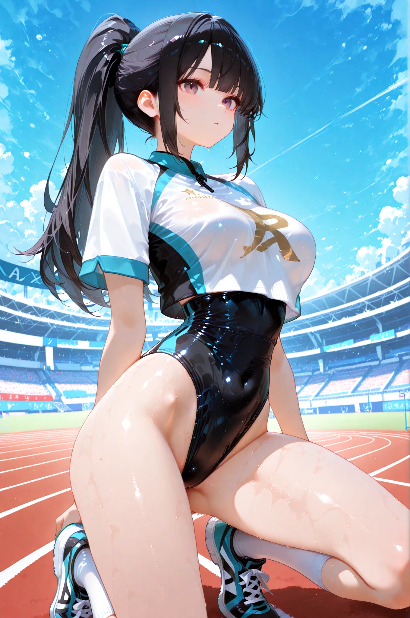 ((nsfw)), Spread your legs, legs up, Holding both legs, (Detailed contours), Lying on your back, Butt, Sweat, Olympic, Olympia,sexy, Nipples, kochou shinobu, whole body, boost mood, Ultra-realistic 8K CG,masterpiece,Top View,look up, Underbust exposure, ((Highly detailed background,Delicate pattern,Intricate details, Fine and beautiful eyes)),The best quality in the best condition,とてもとてもとても詳細なface,(((Stadium, Arena))),, (((shy))), , , Highly detailed eyesとface,Highly detailed eyes,kochou shinobu,Multicolored Hair,No bangs,Hair Intake,white track and field uniform, Purple eyes,Haori,butterfly,band,(熱band庭園:1.2),Purple Flower,mostly cloudy null,Tyndall effect,slope_null,face,beautiful null,,Seductive posture,(Cleavage:1.3),(White athletics costume:1.6)