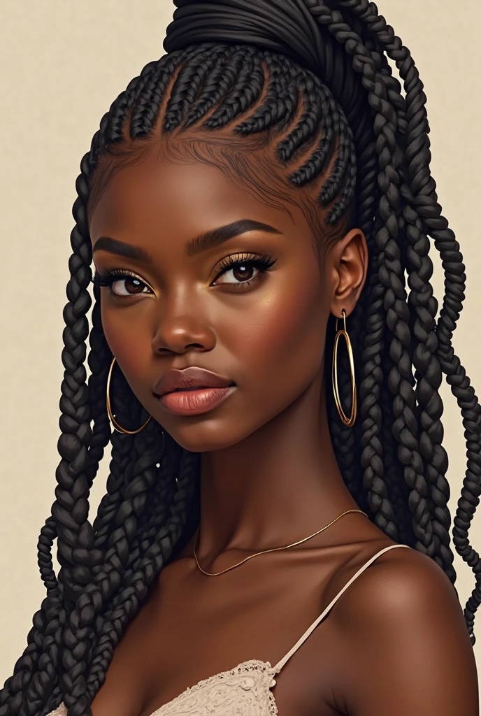 analog style, realistic, award-winning photo,(symmetric highly detailed eyes, fantastic eyes, intricate eyes:1.1), detailed background, full body, wi angle, 20 year old girl, African American, dark skin, skinny, fishtail braid, gigantic breasts, tiktok, beautiful, instagram