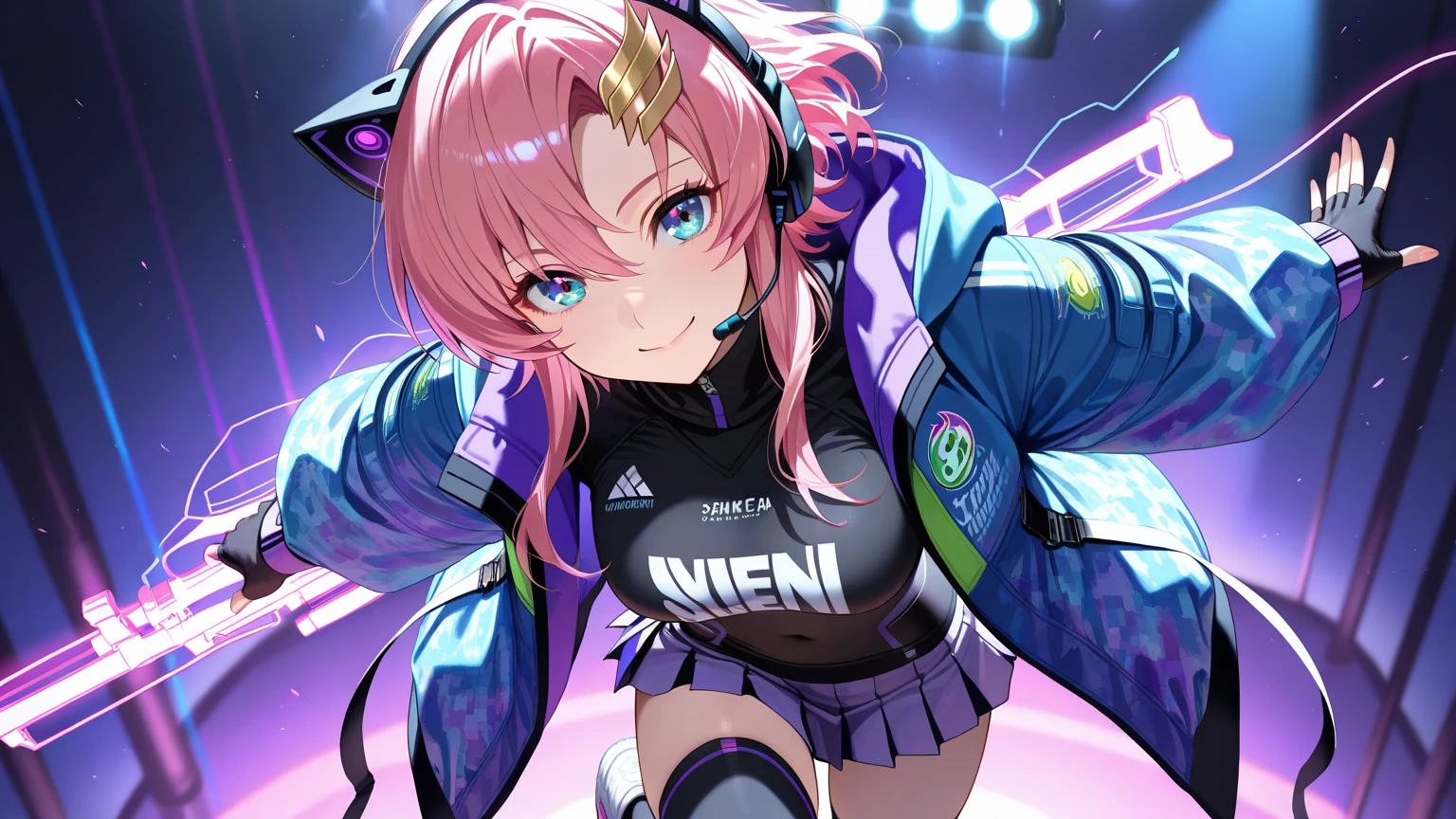 anime girl,club jacket and shorts, headphones,DJ turntable set,club lighting,stage,confetti,dancing,smiling,(best quality:1.2),(ultra-detailed:1.2),(realistic:1.37),HDR,vivid colors,portraits,shorts,headphone girl,energetic pose,colorful lights,stage set,confetti raining,joyful expression,dance floor ,anime style, atmosphere,techno music,electronic dance music,festival vibes,hip hop beats,festival outfit,energetic dance moves,expressive eyes,long hairstyle with vibrant pink color, gold eyes, elaborate makeup neon lights,beaming smile,positive vibes,high-energy performance,stylized backgrounds,colorful visuals,excitement in the air, full body portrait 