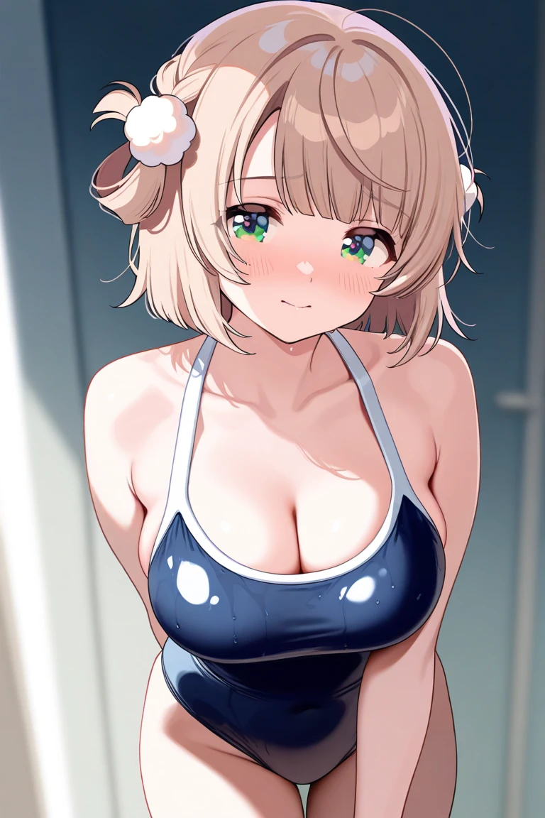 (anime style),masterpiece, best quality, extremely detailed,16Year old,tanned skin,dark skin, gigantic breast,BREAK,multicolored colorful blonde hair,short hair,hair slicked back,BREAK,black eyes,wedding ring,shy smile,open mouth,half closed eye,detailed lips,open legs,BREAK,cotton black big ribbon,BREAK,yellow a sweater with vertical stripes,kitchen apron,striped_bikini,off shoulder,navel,break,head tilt,in the kitchen,have a vegetables,All fours,bouncing_breasts,