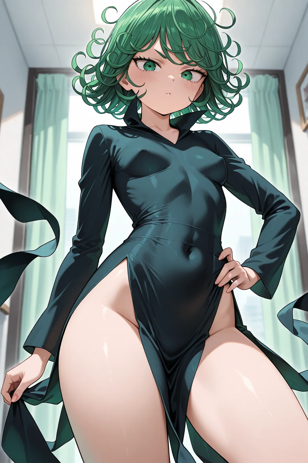Tatsumaki , Dynamic positions have a golden part, fragile physique, Street, floats in the air, close up portrait, stands leaning towards the floor, beautiful , White Nurse's Coat, Short skirt, breasts fall out from under the robe, leans forward, very erotic, arches in the back, Portrait of a girl, standing in a sexy pose, leans forward, beautiful фигура, buttocks, beautiful грудь, very sexy, the texture is very durable,The picture is very clear and concise,incredibly beautiful,Temperament elegant,in a spacious room, нежное выражение лица Tatsumaki из One Punch Man, short green hair, green eyes, , heels, full body view, smiling, dynamic pose, Tatsumaki из One Punch Man, short green hair, green eyes, ,dynamic view, (masterpiece, Best quality:1.2),