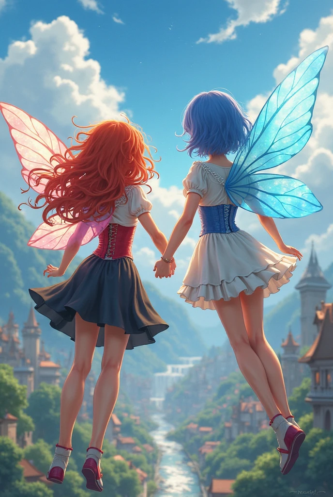 Big pink flowers with bee-like girls flying next to the flowers