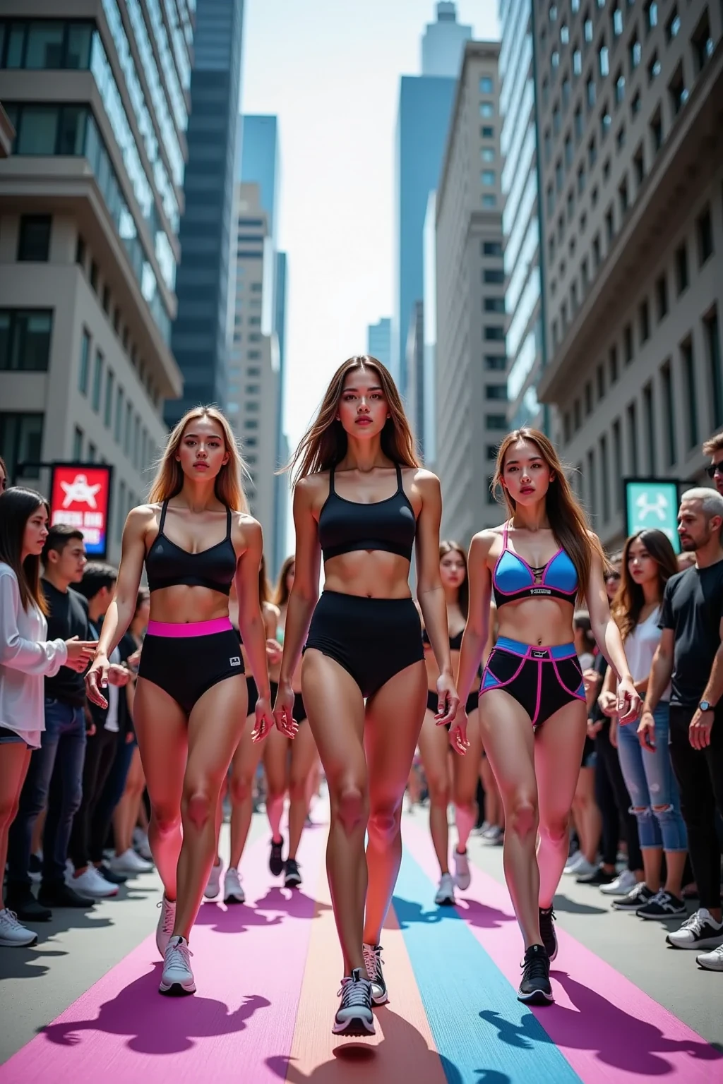 4 young Thai women with blond hair, blonde, bodybuilder physique, muscular, super fit, wearing black sports bra, leica_style,masterpiece, best quality,super detailed, high resolution, very detailed, 8k uhd, (Skin Wrinkles: 0.9), (fidelity, fidelity: 1.5), (high detailed skin:0.9), (visible pores:0.6),Clearly visible pores, real skin texture, Thai, Korean, Vietnamese, street,night, ((detailed face)),(freckles:0.8), (naughty smile:1.1), (focus on the eyes), (natural light), amazing, photon mapping, radiosity, amazing physically based rendering, fine detail, best, high quality , RAW Photo, (Bokeh: 1.2), Realistic, (Depth of Field: 0.5), Bokeh Background, (Detail Clothing Features), real skin,(dynamic pose: 0.6), (skindentation), (((outdoors))),pureerosface_v1