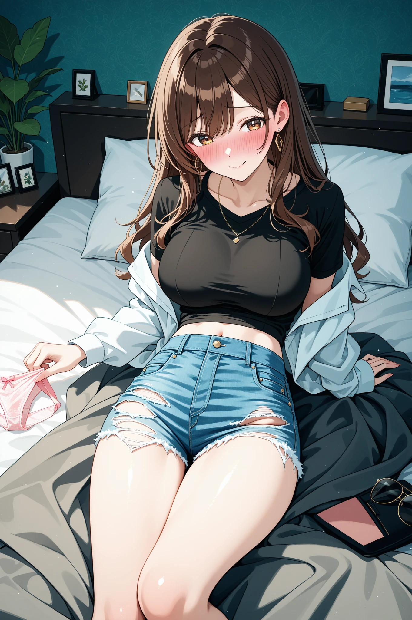 Very detailed、(8k, RAW Photos, highest quality, masterpiece:1.2), (Very detailed 8k wallpaper),figure、Professional Lighting,Sharp focus, Depth of written boundary、、Clear Eyes、Perfect Anatomy、With a girl、12 years old、、,、(Plump thighs:1.2)、、、pov 、T-Shirts、White panties、Denim mini skirt、、Lying in bed、(Leg spread:1.5)