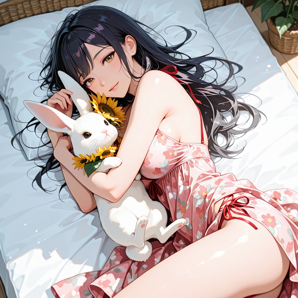 White dress。White flowers。Cat-eared lady。White stockings。Lie sideways on the bed。A shy expression。youqin