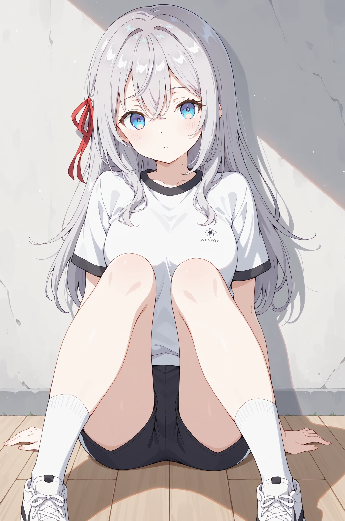 1alisa, solo, blue eye, wearing black dolphin shorts, remove dolphin, white shirts, (masterpiece), (best quality), (extremely intricate)