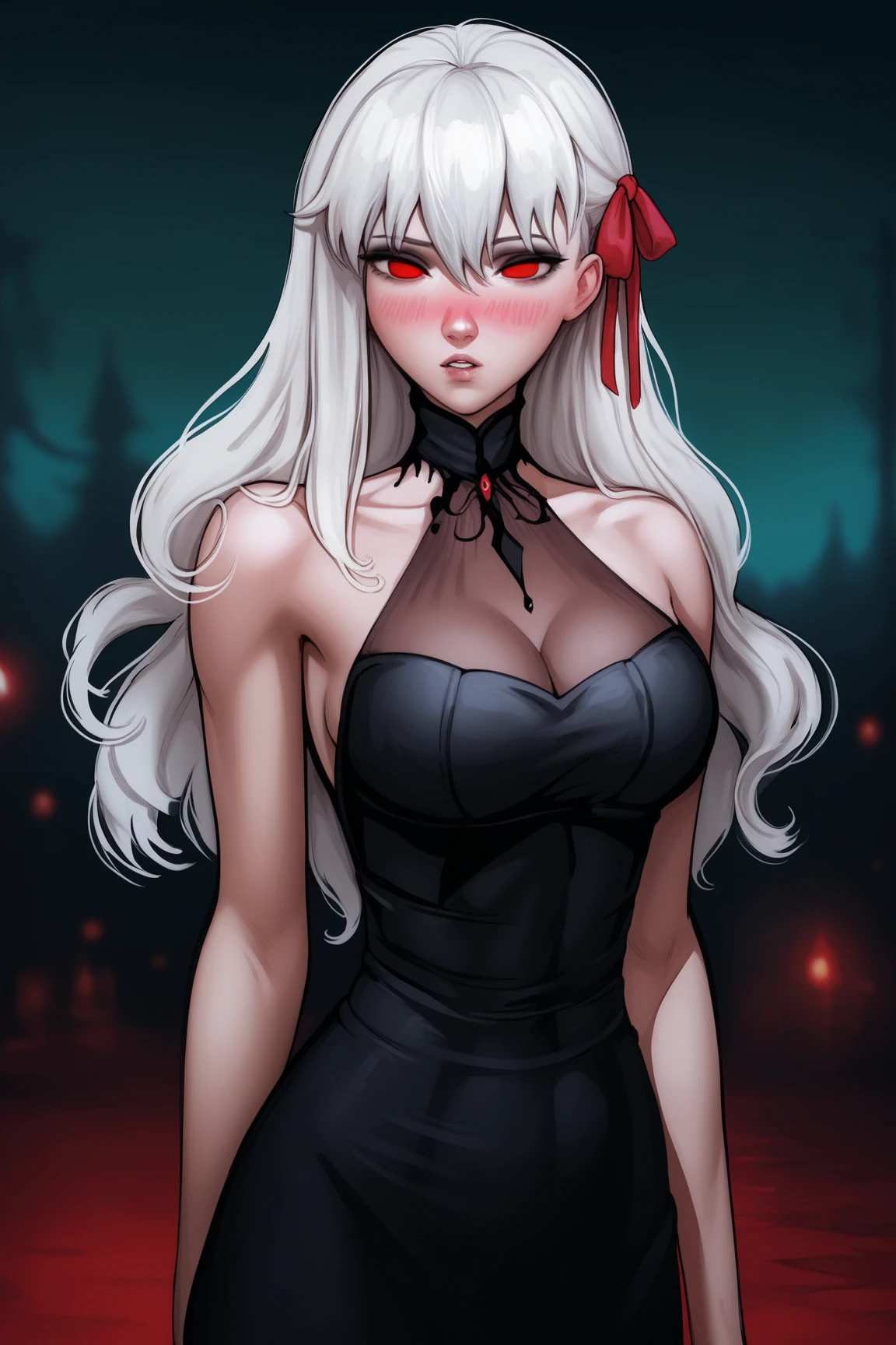 centered, professional photo, (looking at viewer:1.2), | Crimson_Total_Drama, goth, blunt bangs, long hair, red eyes, makeup, fishnets, black knee boots, red dress, elbow gloves, two_tone_hair, white hair, black hair,, | | bokeh, depth of field, cinematic composition, | <lora:Crimson_Total_Drama:0.8>
