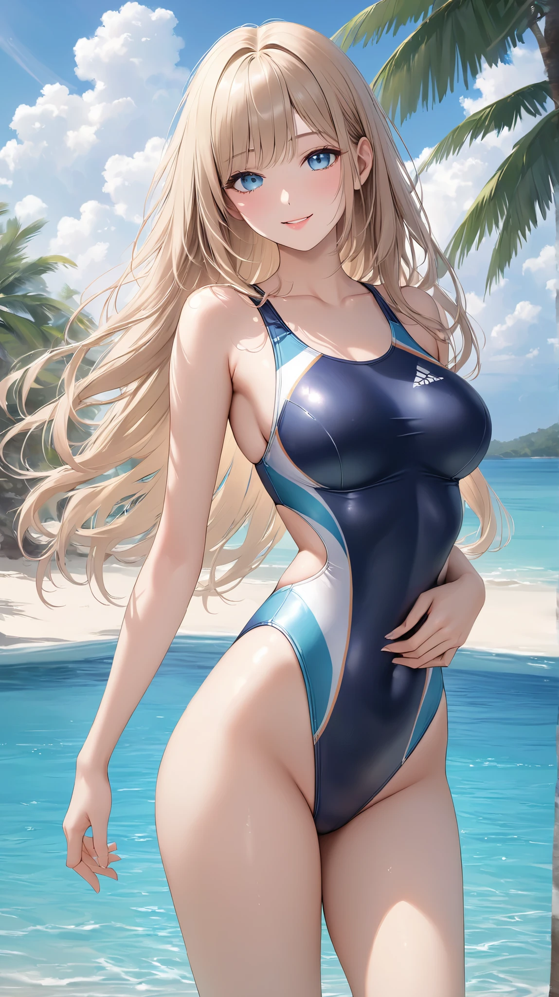 (Adult women:1.5)、Very detailed、highest quality、Best image quality、masterpiece、8k、Anime Face、A kind smile、(Open your mouth:1.3)、Sparkling blue eyes、(Blonde Hair:1.5)、(Muscles of the whole body:1.3)、(High leg:1.5)、Thigh belt、(Separate swimsuit:1.5)、(Cowboy Shot:1.5)、(SFW Giant)