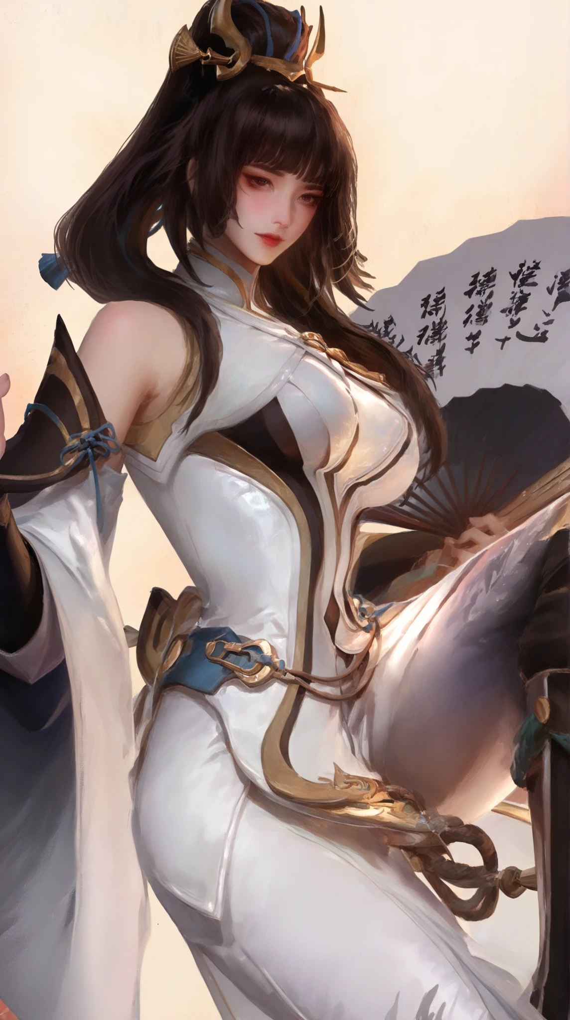 NSFW, obra-prima, melhor qualidade, ultra-detalhado, semi-realista, detailedfacialfeatures, 2 mulheres maduross,usando roupa hanfu antiga wuxia, cabelos brancos,compridos,olhos azuis,roupa da cor branca, mulher bonita,seios grandes,atraente,corpo voluptuoso e sensual,standing on her feet, segurando duas espadas afiadas e cercada por duas jovens servas em seu caminho;,Villain
