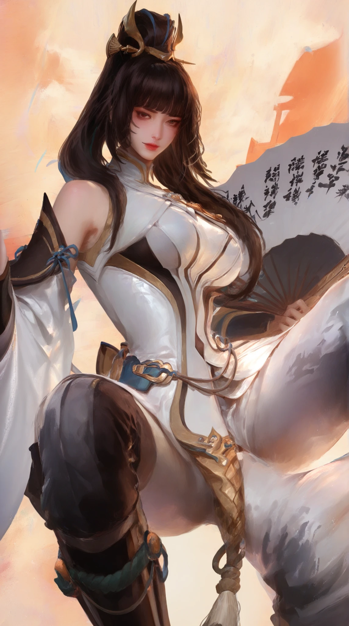 (masterpiece), best quality,A 15-year-old Chinese girl with a yellow complexion wears an ancient Chinese silver-white armor suit that tightly binds her expressive eyes, Cute face  , Sexy , Long hair, Hair color black, long legs, 、Sexy、deep、charming、mystery, Facial expression smile,full-body shot

