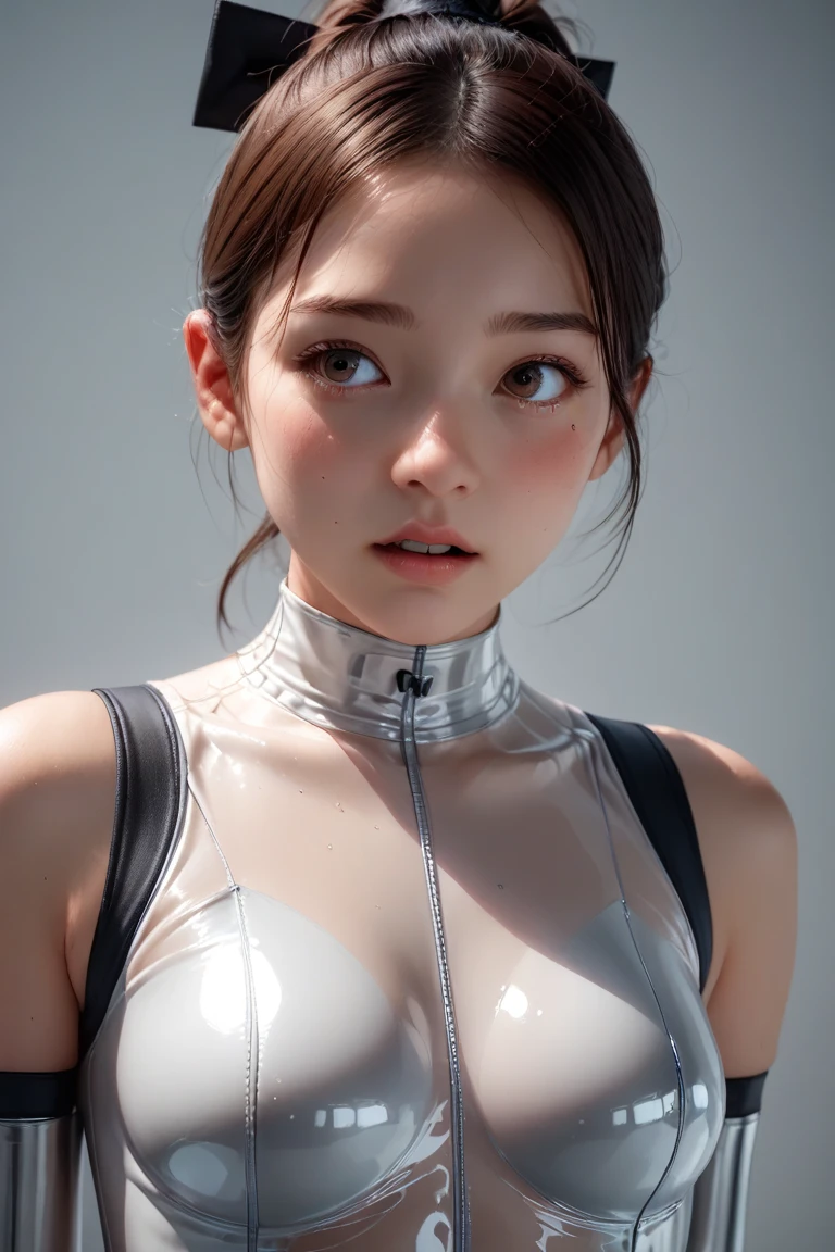 masterpiece, best quality, ultra detailed, 8k, raw photo, photorealistic, 1girl, solo, rim lighting, ultra detailed face, (contrapposto:1.1), shoot from front, face close-up, (head shot:1.6), upper body, grin, beautiful 15 years old russian girl, light pink lips, light brown low twintails hair with bangs, ((light brown thin eyebrows)), oily skin, wet skin, wearing white latex bikini, cyberpunk style ivory jacket, put on hi-tech headphone, carry a hi-tech backpack, medium breasts, residential area in cyberpunk city, thunderhead in the sky, midsummer