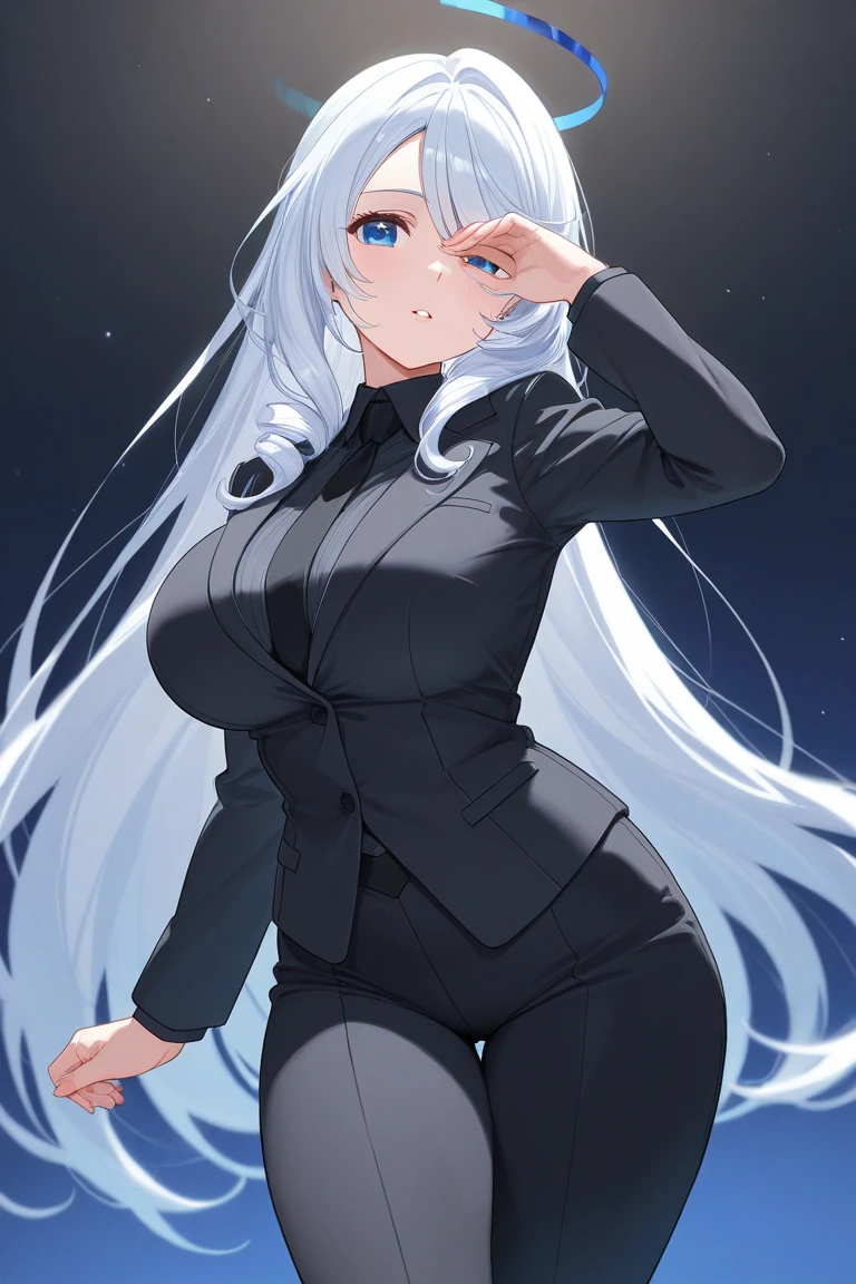 18 year old girl, Long white hair, soft blue eyes and sky, black hooded robe, White shirt, black tie, Black pants. big breasts, curvilinear, Muslona, nalgona and attractive 