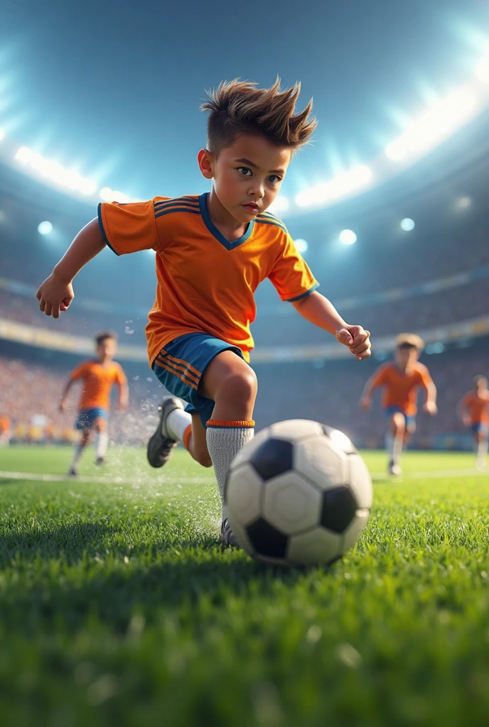 Generate an image of a teenager kicking a ball. He is on a futsal court well lit by white neon lights.. The court floor is orange with yellow lines. Her skin is white and her hair is brown and straight.. His shirt is lime green with thick horizontal stripes in avocado green., that cross the entire shirt. His shorts are navy blue and his socks are halfway up his shin and are completely white.. He wears white futsal shoes.