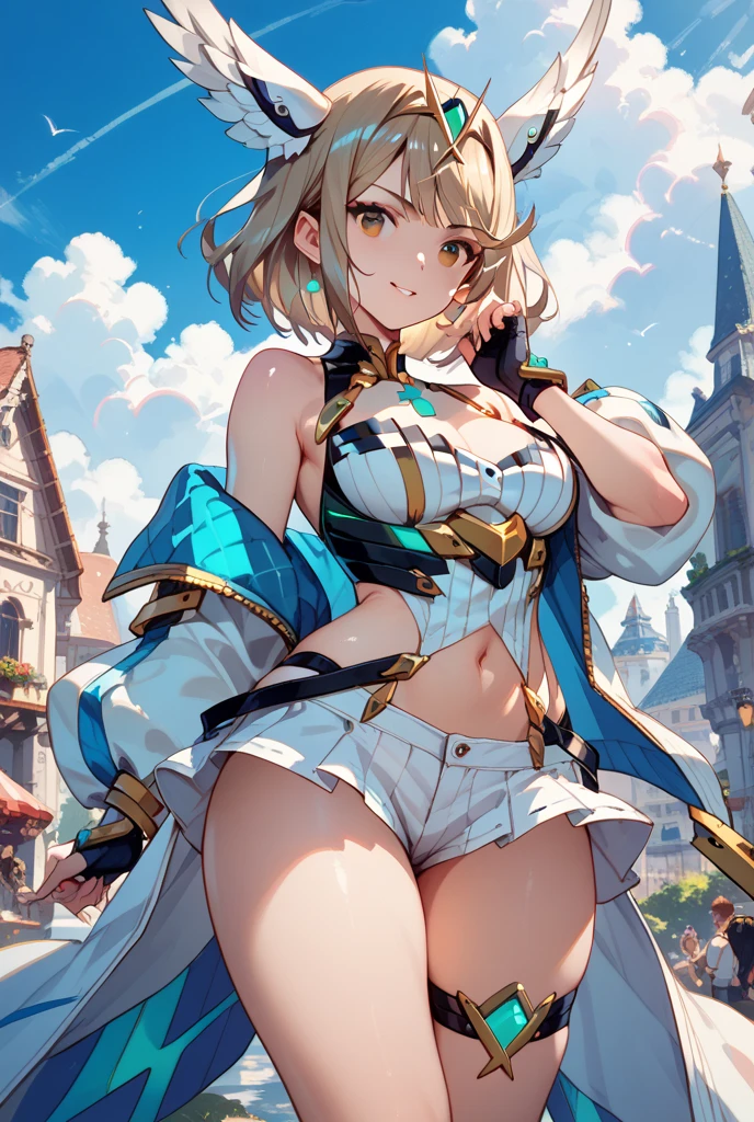 GRANBLUEfantasy,1young_teen_ girl,brown_hair,medium_bob_hair,platina_blond_hair,white_leotard,covered_nipples,thigh,huge_smile,standing,bluesky_background,slightly_spread_legs,happiness, short_gloves ,solo, navel,relicbuster,shorts_over_leotard,boots,