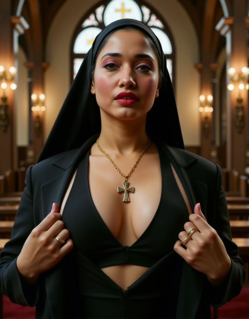 Salma Hayek, ginger hair,(stylish bob haircut), (natural big breasts), wearing ((warrior nun), superhero tight suit)1.2, (cleavage with gold Christian-cross necklace between natural boobs)1.4, (red lips lipstick), Realistic, perfect lighting, hyper realistic