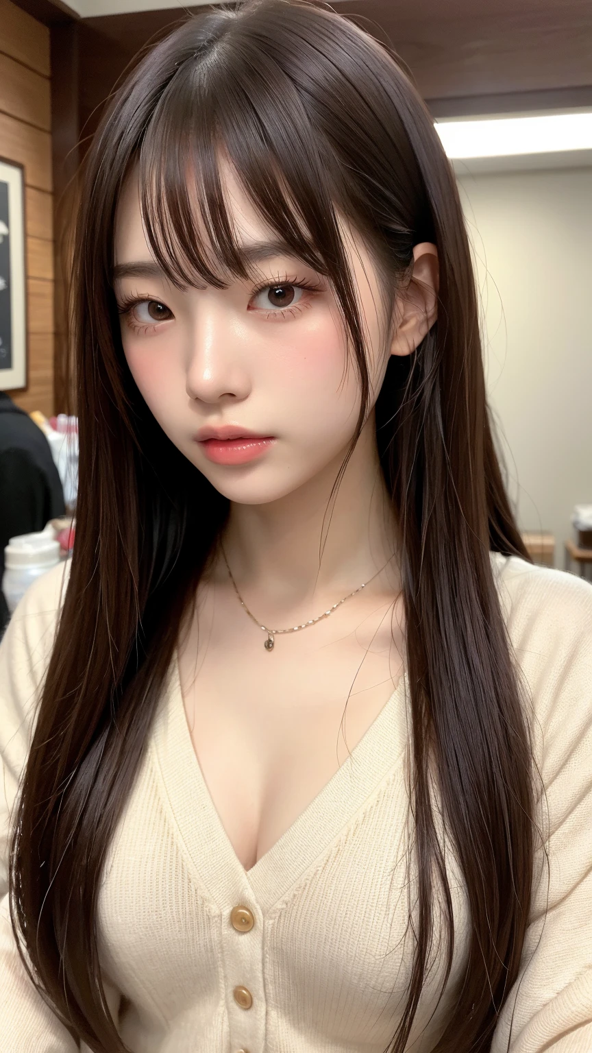 A woman with a slightly angry face、big eyes、brown hair with bangs、casual clothes、perfect lighting、sharp focus、High resolution、High resolution、High color rendering、High resolution、Super realistic、photo-realistic