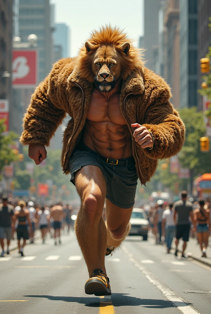 A muscle man, well-built, furry, virile and attractive in underwear and barefoot, walking embarrassed down the street, covering her private parts with her hands