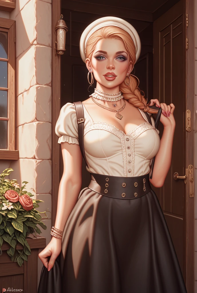 A colored pencil sketch of A beautiful Aristacrat woman with large elegant, hawk-like-nose, who embodies old fashioned class, sophistication, elgance as well as wholesome, natural beauty. curvy, thin-waist, wide-hips, swaying-hips. . Oppulent historically accurate victorian dress.  mash up of Laura Vandervoort Alison Brie, Scarlett Johanson She is litting seductively under a live oak tree.