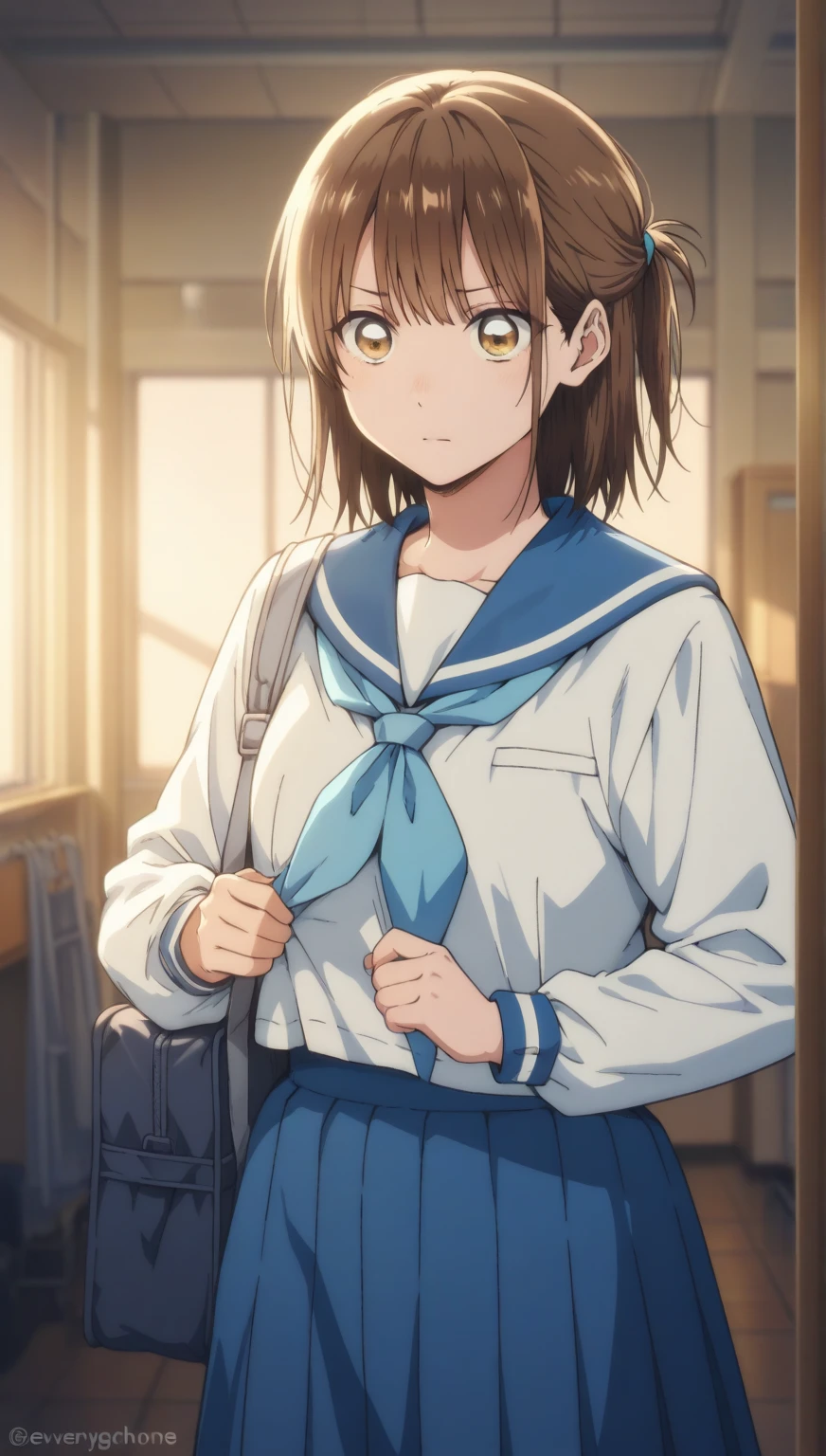 1girl, (((​masterpiece))), top-quality, top-quality, High Details, hirasawa yui, 1girl, Sakuragaoka High School Uniform, student clothes, maid cafe uniform, two-yellow hairpin, short hair, A brown-haired, brown-eyed, 独奏, reddish, thin blue ribbon, Solid white buttoned shirt under blazer, illustratio, comic strip, soothing tones, Subdued Color, Soft cinematic light, adobe lightroom, photolab, HDR, intricately and hyper-detailed、(((depth of fields))))。(((​masterpiece)))。(((top-quality))).)((ultra-detailliert)))。(((illustratio)))。(((takeout))).dynamic focus..(((canteen))).(((A school))).(((Face of happy))). open mouth.(((put hands on the hip))).(((up ))).((morning glow)).((the setting sun)).