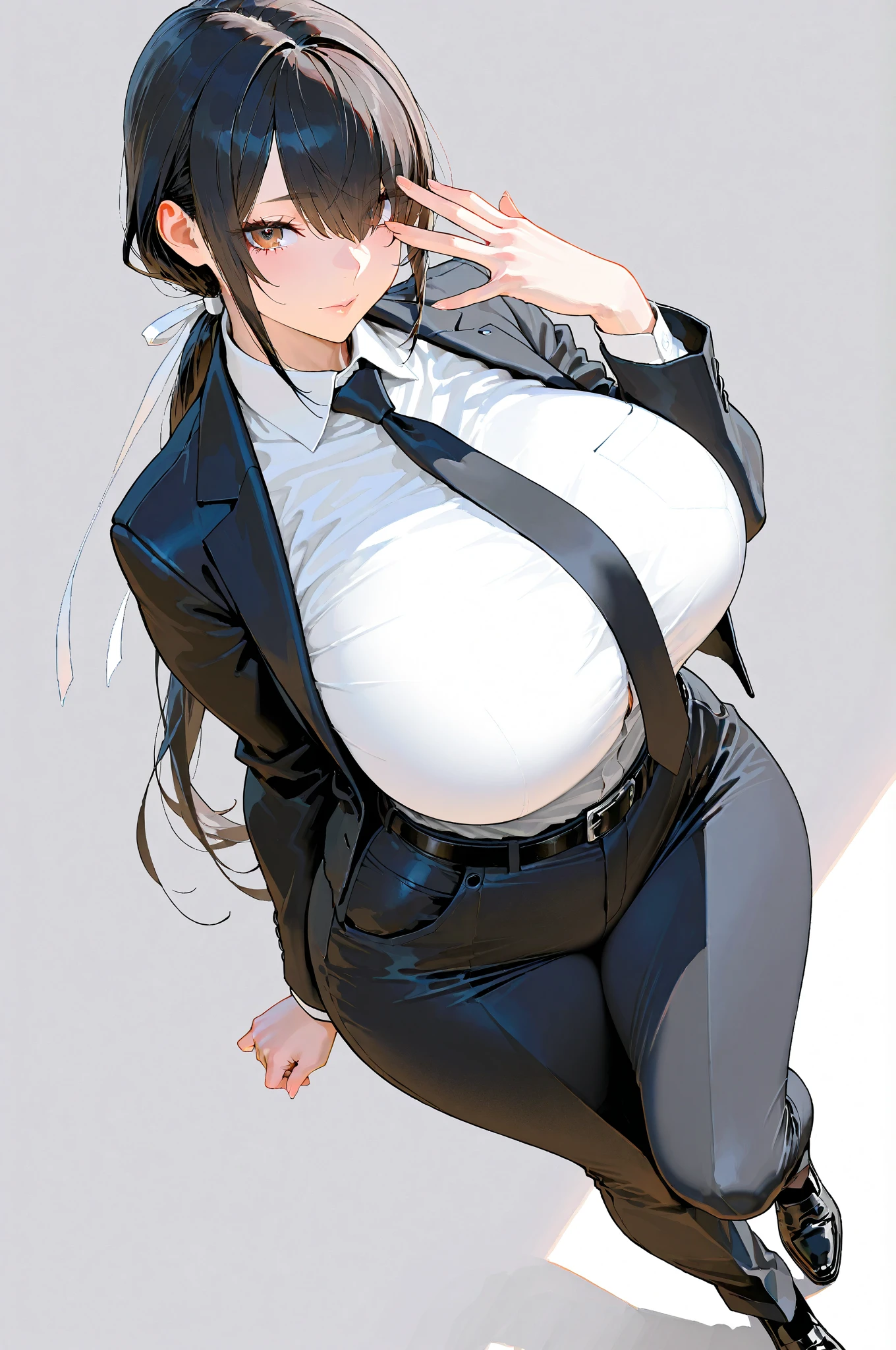 (((muscular girl huge breasts))) black hair yellow eyes pale skin frown UHD 16k best quality wide hips skirt pantyhose