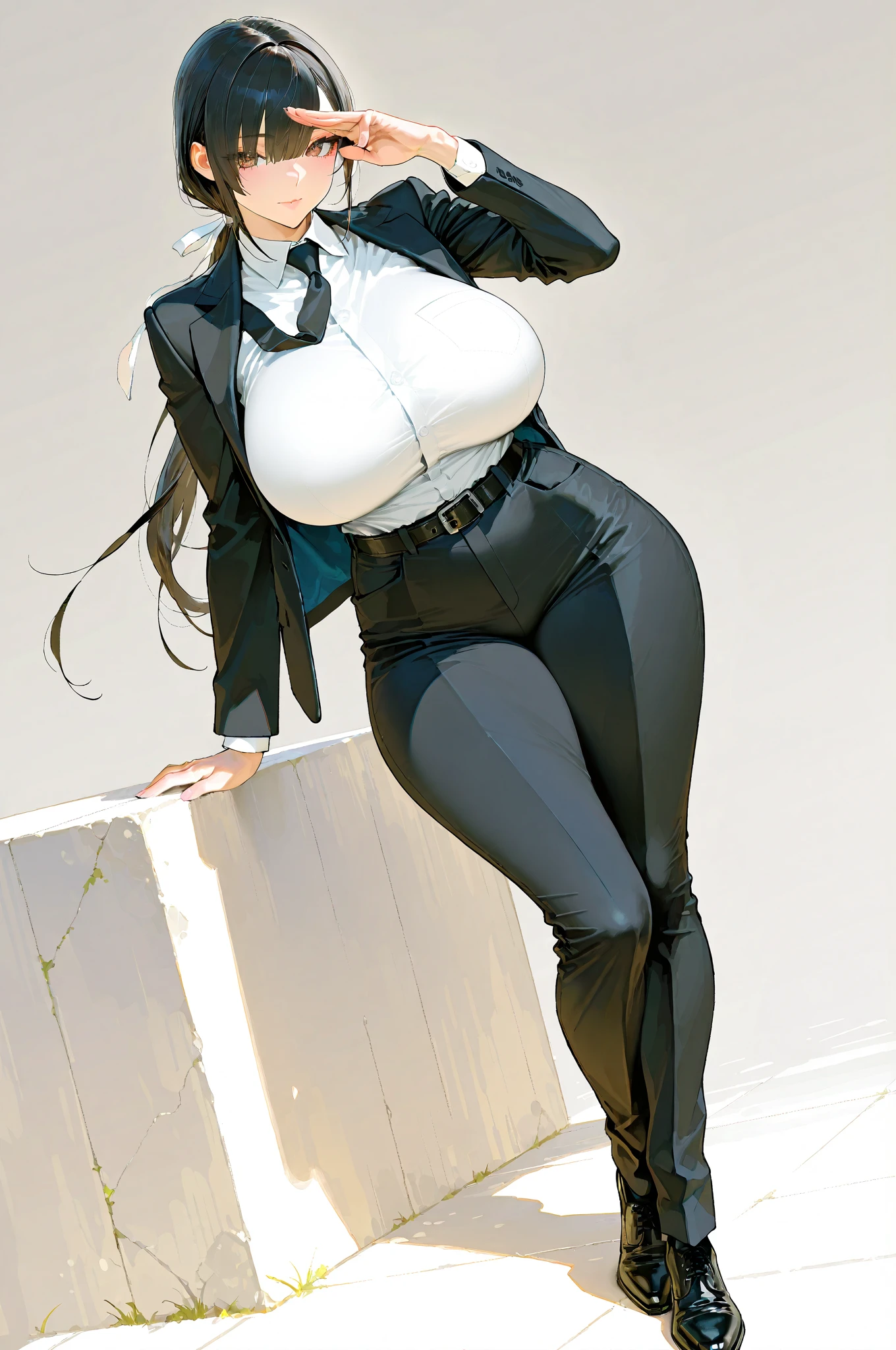(（（Perfect body,White and tender skin,（（（black necktie, black pants, business suit, formal, long sleeves, necktie, pants, suit,,）））,（（（kobeni higashiyama, black hair, hair ornament, hairclip,  ponytail, short hair, (brown eyes:1.5),）））,((masterpiece)),highres,((Best quality at best)),masterpiece,quality,Best quality,(（（ Exquisite facial features,Looking at the audience,There is light in the eyes,(（（pain，endure））），）））,（（（Light and shadow,Huge breasts,）））,（（（Looking at the camera,White background)））)