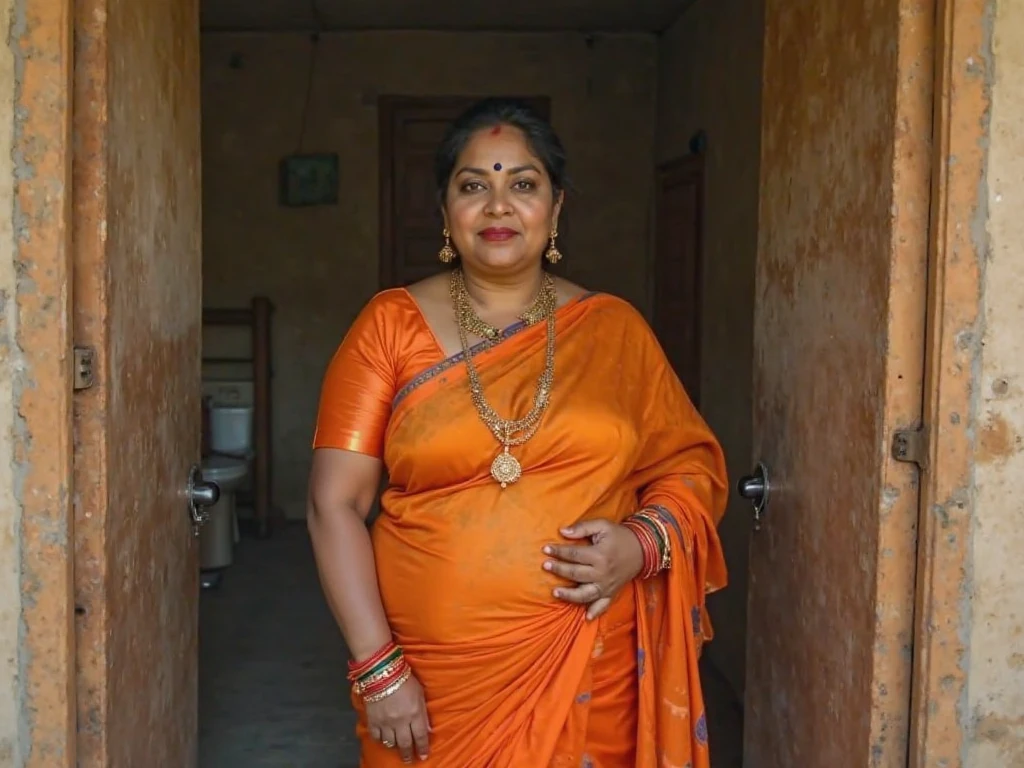 "A beautiful Bengali woman, middle-aged, with black hair, wearing a white blouse and a red sari, with skin as fair as milk, large breasts, attractive hips, and a slightly plump figure, standing milf proudly. In the background is a timeless rural Bengali scene."realistic pic more hot figure, and make him like milf Anty