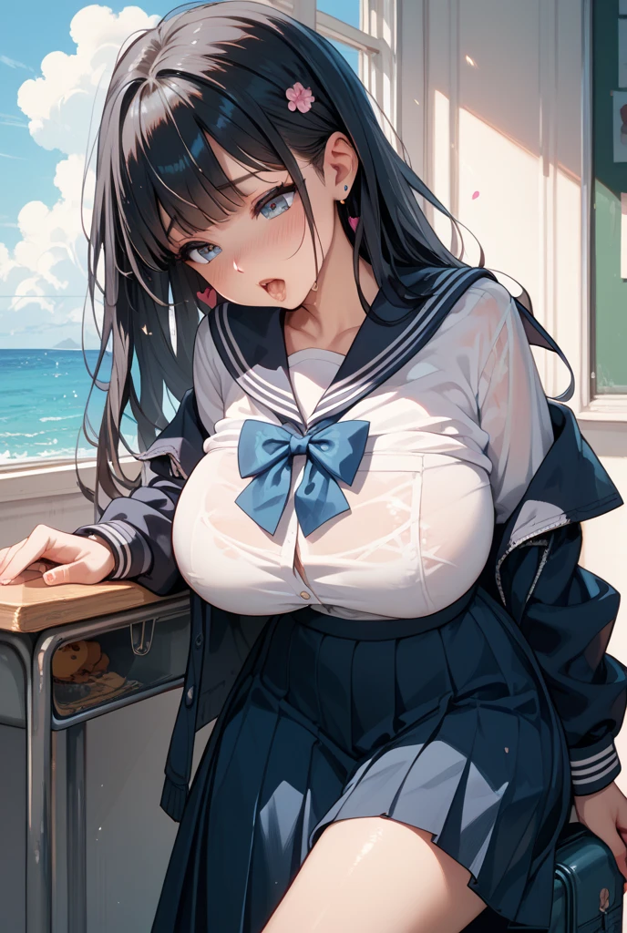 high school girl、beautiful girl、Black Hair、Big breasted body type、、Navy blue pleated skirt、Sailor-style 、Flushed Cheeks、Moist eyes、Shy expression、The veranda on a rainy day、Erotic atmosphere、Immoral scene、Sensual scene、Wet Hair、Wet Skin、Wet clothes、