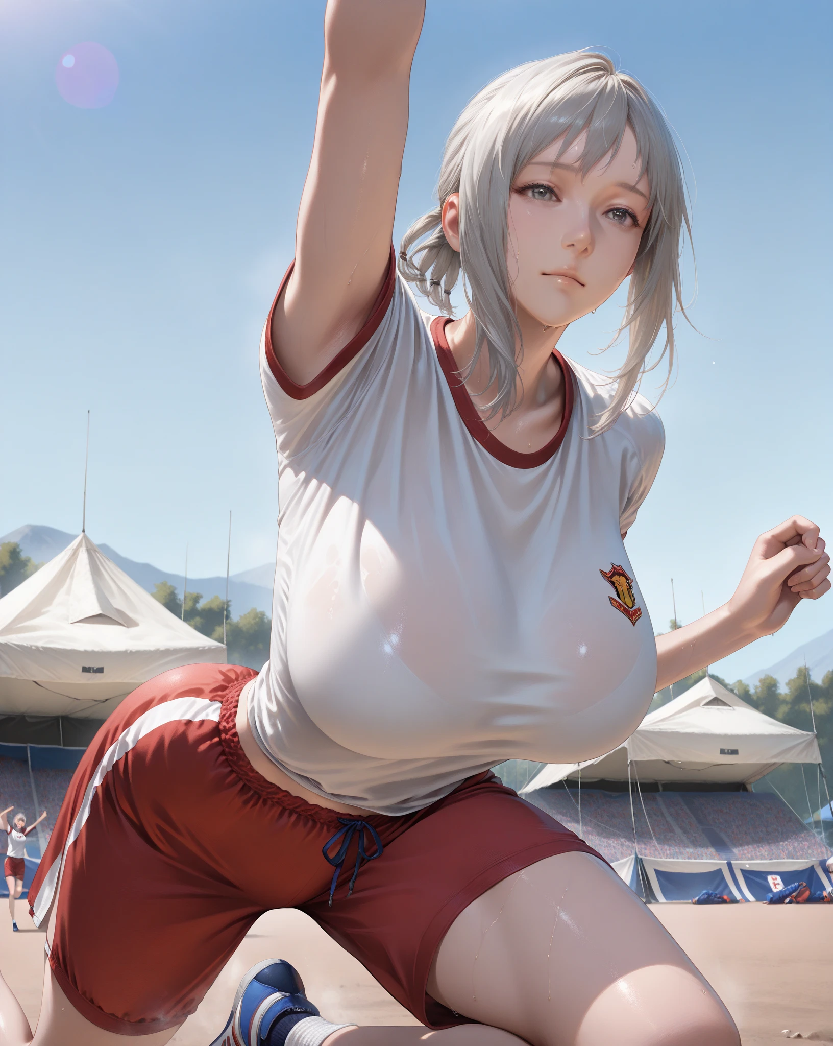 Beautuful Women　White hair　bob　female high-school student　エロ　tall　B Cup　Constriction　Wearing a red track and field uniform　Being on the playing field　teats　belly is visible　Taking off bloomers　Tank tops