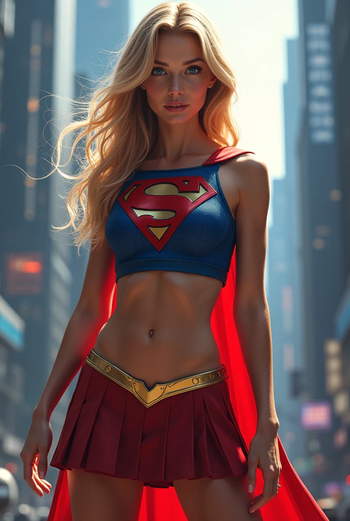 ((masterpiece, best quality,absurdists)),supergirl( a woman long blonde hair, 21 years old,blue and expressive eyes,huge breasts), cheerleader supergirl cosplay(short gym top, pleated mini skirt, lace thong panties with garters, stockings (supergirl costume)), back wiggling ass, american football stadium, blurry people, day, smiling, expression flushed embarrassed