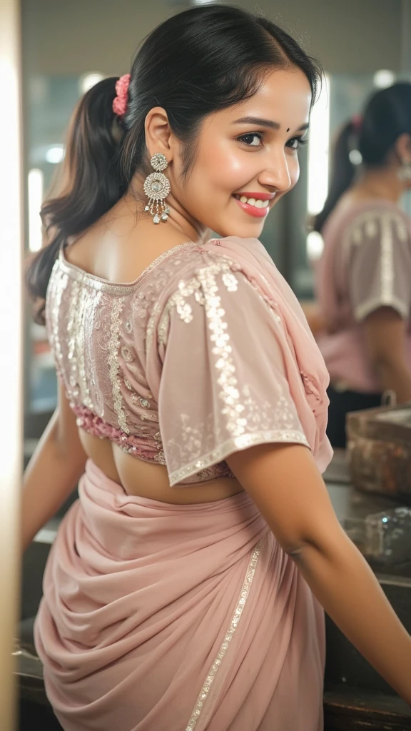 A half body of confident-looking Bangladesh woman with long and thick hair, (masterpiece, best quality:1.2), looking at viewer, hazel eyes, a smile on the face, royal and lusty look, posing like a professional model for a photoshoot, (((big breast))), perfect composition and light, hyper realistic, super detailed, 8k, high quality, trending art, trending on art station, photo, intricate details, highly detailed,((cropped open huge boobs)), (((Alpine Oasis detail background)))), (((wearing a colourful Saree with designs and patterns with sleeves))), ((((big sexy Hour Glass body shape)))), ((((Alpine Oasis detailed background behind her)))), (((Portrait Fashion Photo))), ((long wavy thick hair style)), (((hyper realistic skin texture with makeup with blush face))), hair bobbles, wince, solid circle eyes, light smile, ear blush, fang, ccurate, makeup, Surrealism, drop shadow, anaglyph, stereogram, tachi-e, pov, atmospheric perspective, glowing light, backlighting, ray tracing, image fill, anaglyph, stereogram, scanlines, speed lines, silhouette, vignetting, 8k, super detail, best quality