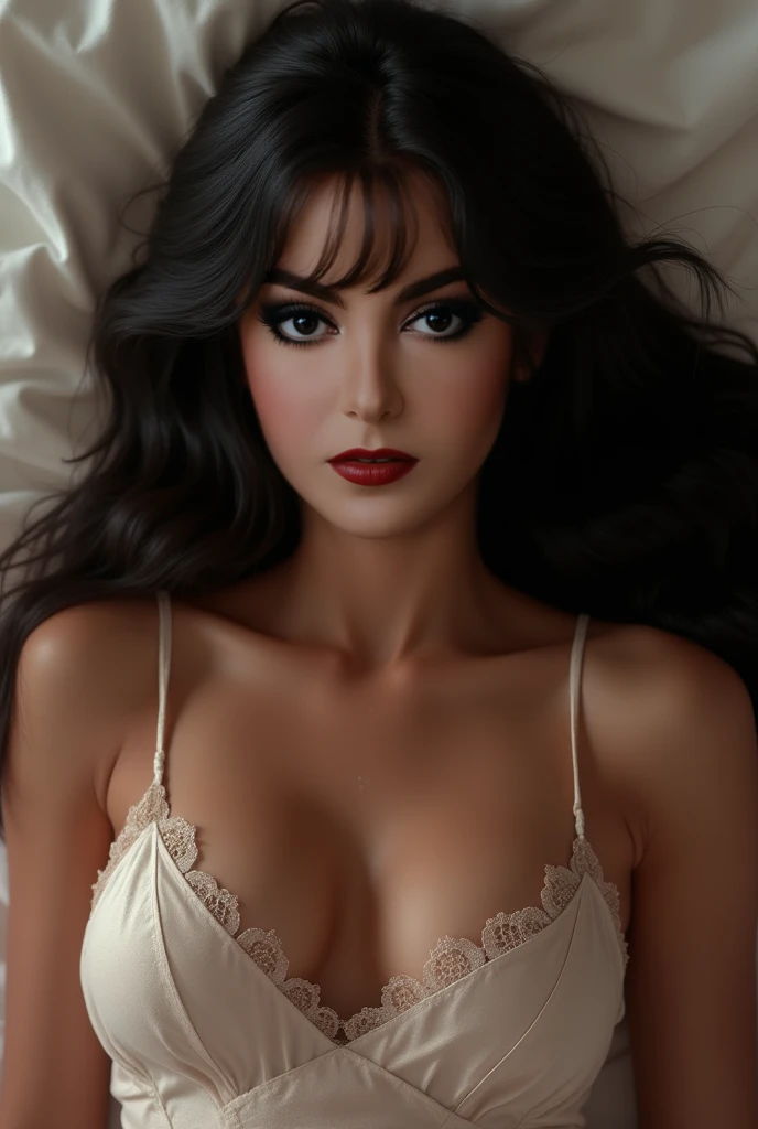 (masterpiece),(best quality:1.0), (ultra highres:1.0), High level of detail, Full body photo of (attractive 45 yo woman:1.3), (toned body, hourglass body shape) (wide hips) (toned thick thighs), long black curly hair, big brown eyes, full body photo, perfect face, naked, (seductive:1.1), (blushing:1.1 ), (classy, elegant, dandy)1.2, (medium natural breasts)1.2, (pokies)1.3, on the bed facing camera, photorealistic, photography, path tracing, specular lighting, volumetric face light, path traced hair, visible shadows, intricate, elaborate, hyper realistic