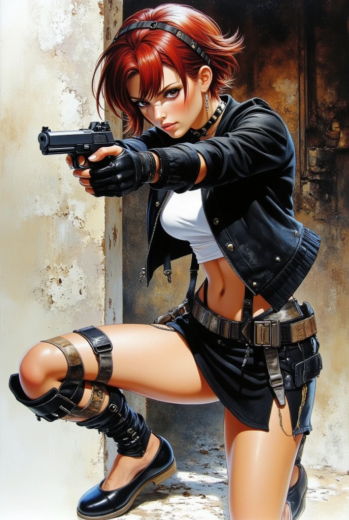 a girl, Scarlett Johansson plays Black Widow, A charming and beautiful female agent，With sharp eyes，Best quality, masterpiece, Ultra-high resolution, (lifelike:1.4), original photo, (Real skin texture:1.3), (Film Grain:1.3), panoramic, Portraits, Very wide angle shot, Thin waist, Cowboy lens, (in the darkness, Dark Shadows, Low profile