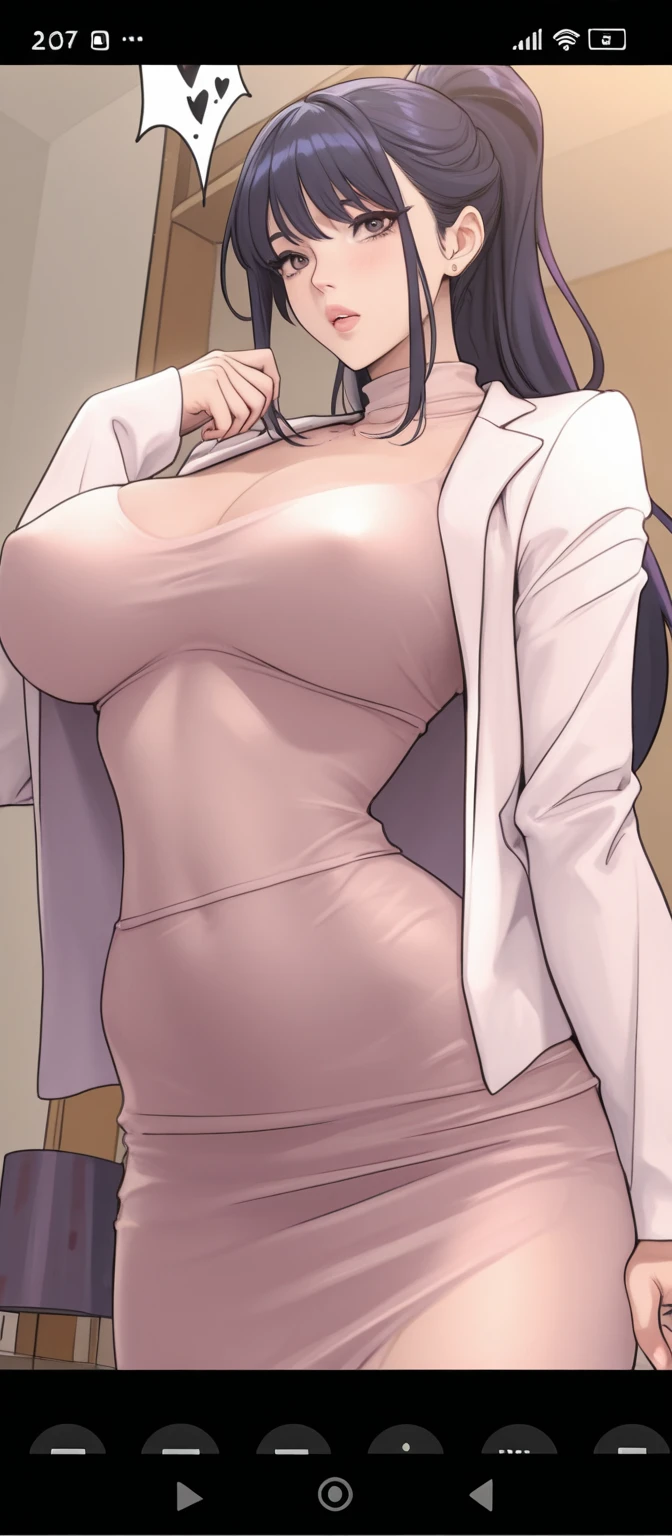 (solo) female , black short hair, woman (big breasts:1.5), attractive, purple shirt, tight black skirt, lab coat,grey garter belt tights ,fit body, thicc, freckles, freckles on face, smug eyes, (happy expression), she is sitting at the table look to the viewer , violet background, simple background, thick thighs (front view) (purple panties) (low angle view)