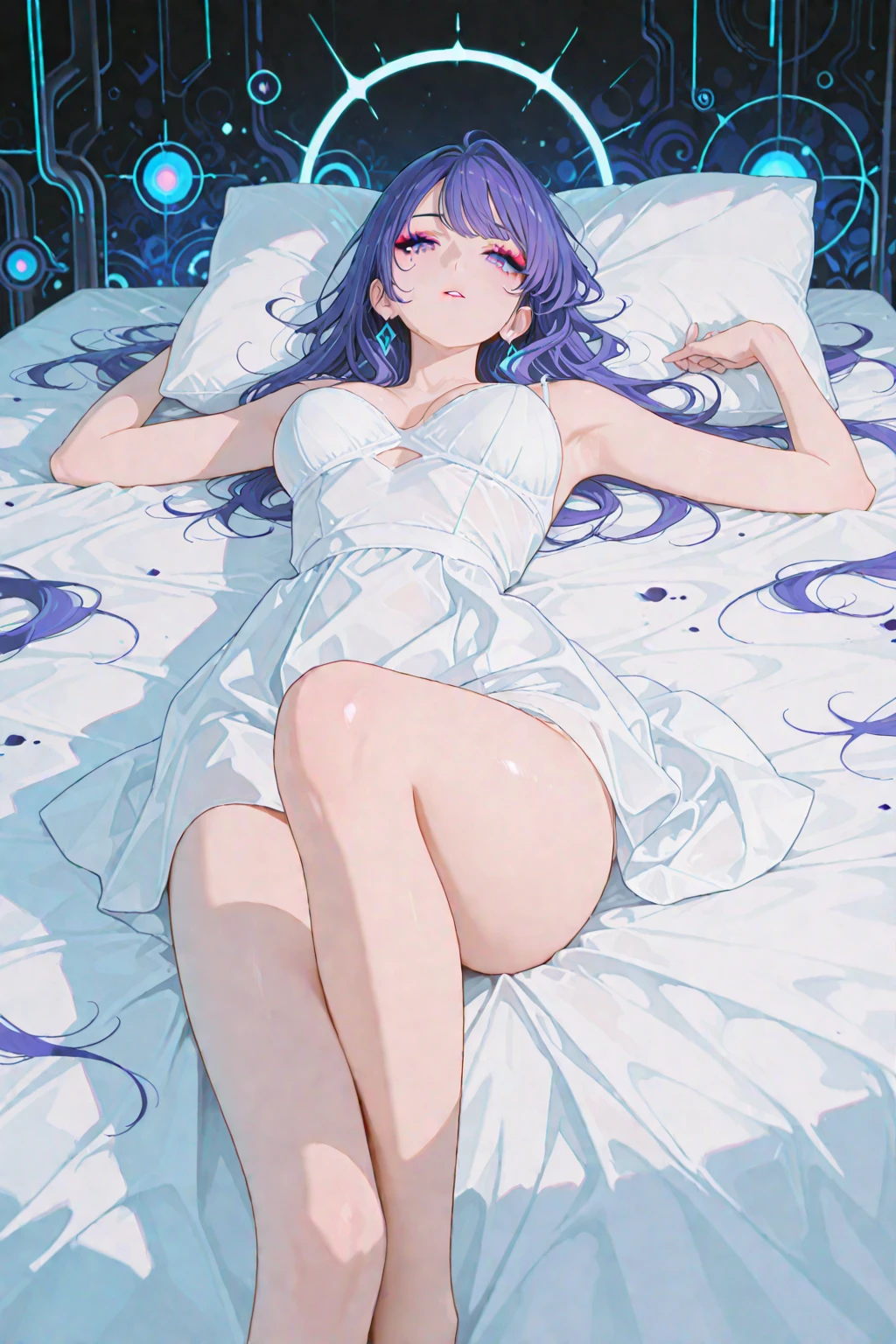 Wearing a white robe,Showing slender thighs and calves,The complexion is like snow,Mature charm,long black hair,blue eyes,Lying in bed,classical