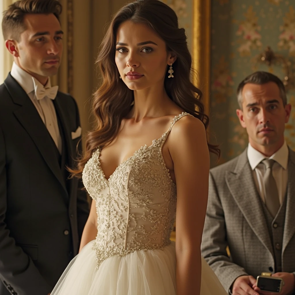 Woman in wedding dress lying on the floor begs her groom for help but he is talking and looking at another woman